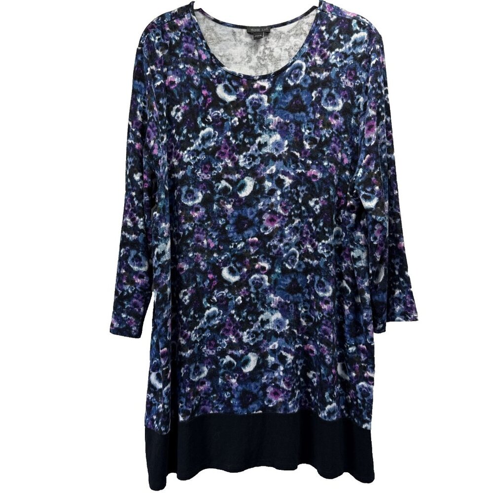 J Jill Wearever Top L Purple Blue Floral Tunic Long Sleeve Stretch Pullover Boho